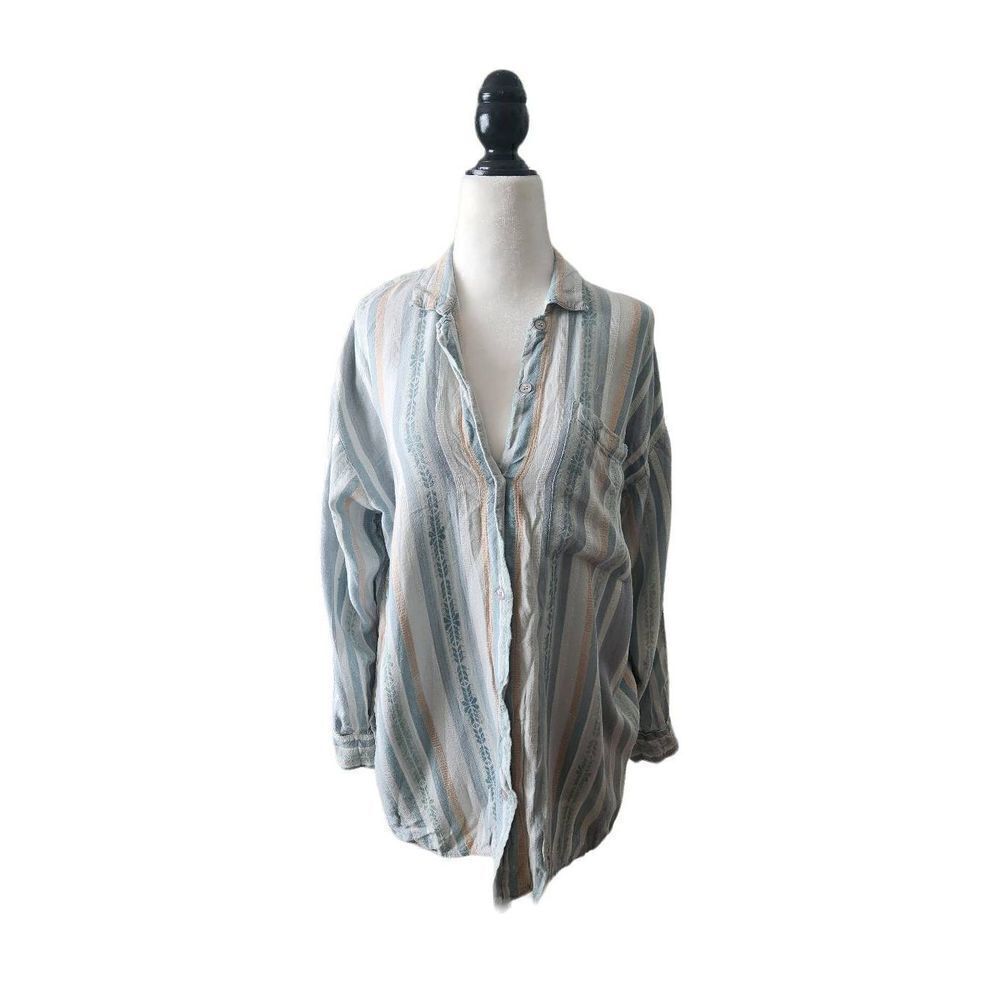 90s Vintage Rayon Button Front Pocket Blouse Shirt Striped Sage Green Peach Past